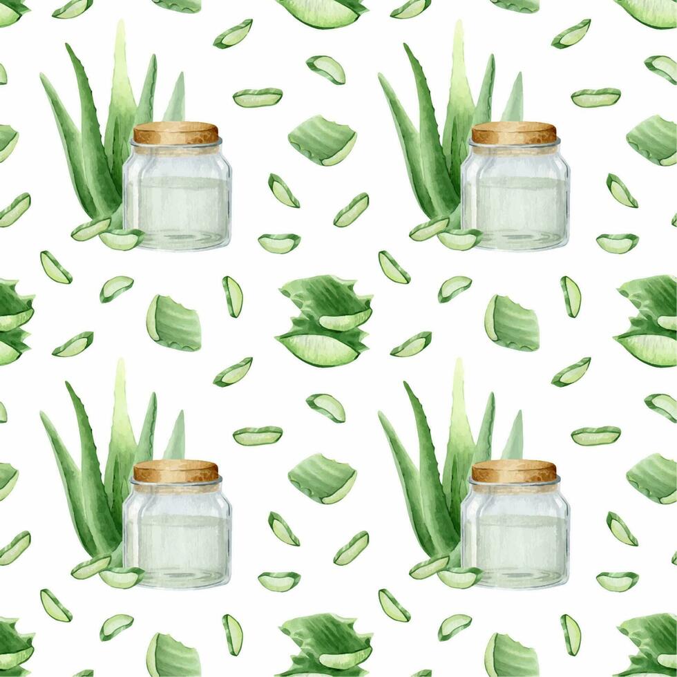 aloe Vera pianta, fette, polpa, aloe le foglie e un' bicchiere vaso con aloe succo. acquerello senza soluzione di continuità modello su un' bianca sfondo. per confezione cosmetici, scrapbooking, involucro carta vettore