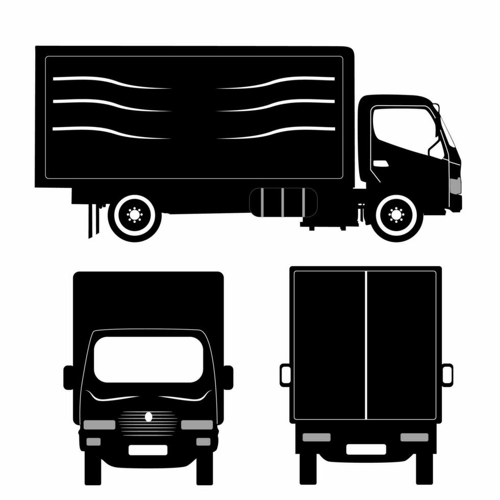 semi trailer camion silhouette su bianca sfondo. veicolo icona impostato Visualizza a partire dal lato, davanti, indietro vettore