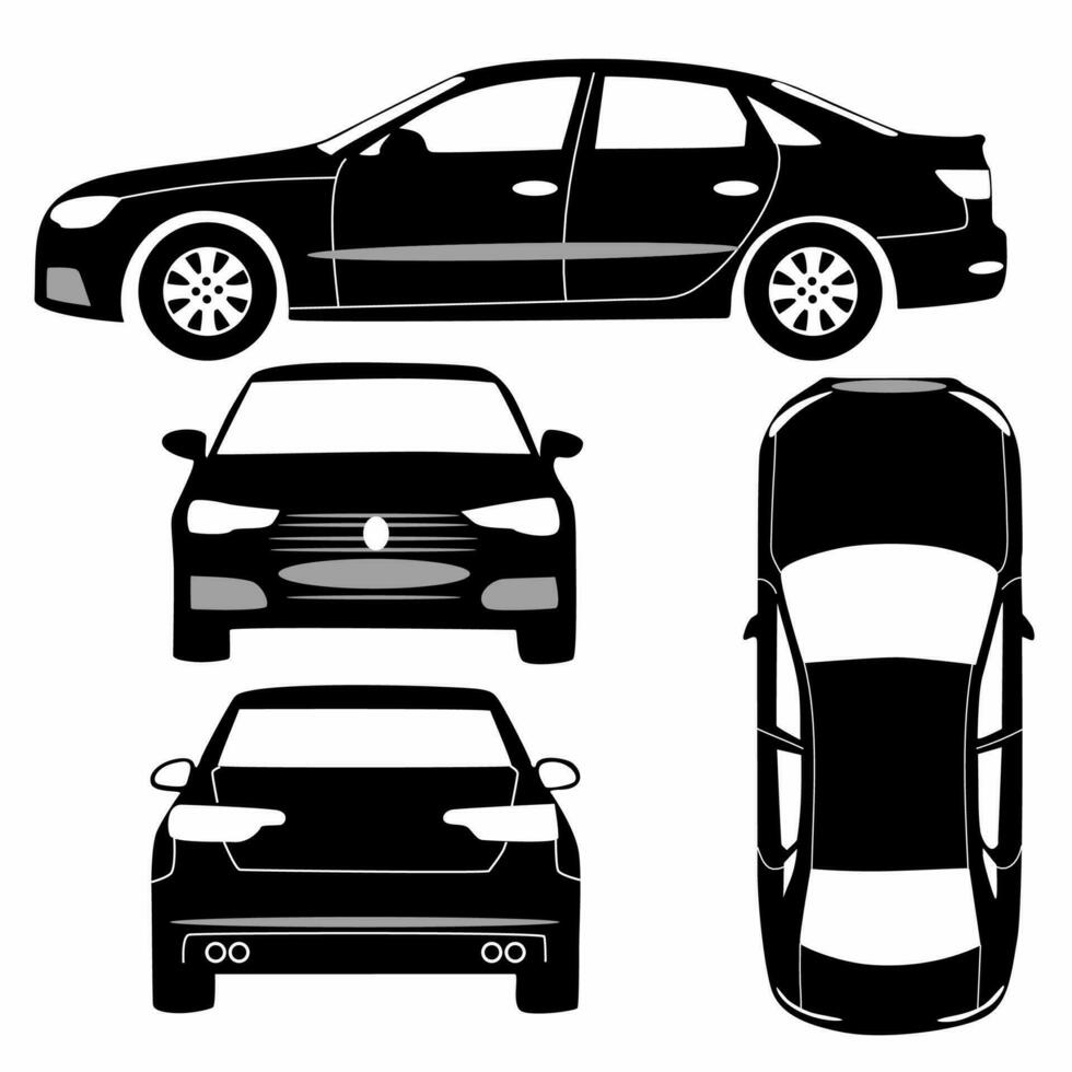 auto silhouette su bianca sfondo. veicolo icone impostato il Visualizza a partire dal lato, davanti, posteriore e superiore, auto retrò vettore