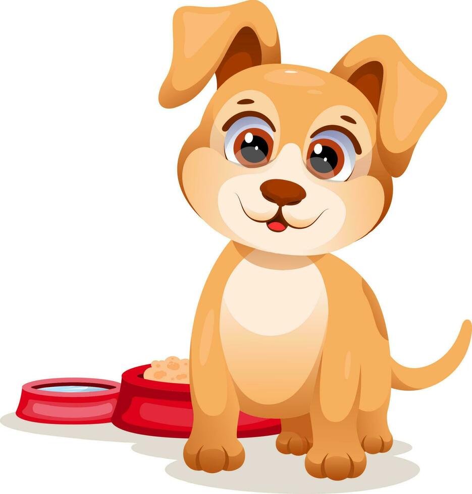 un' cartone animato cane con ciotole, asciutto cibo e acqua vettore