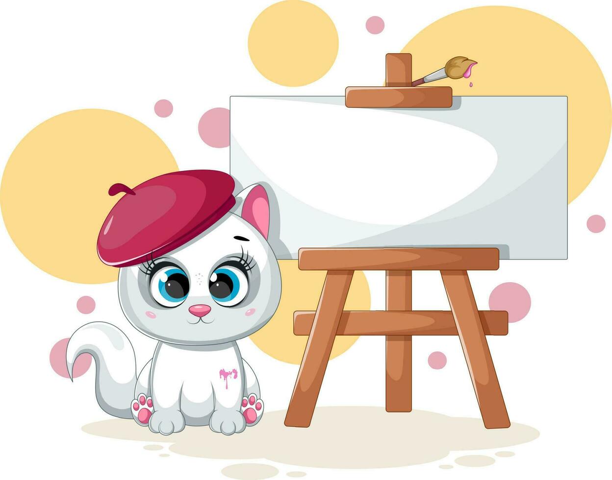 carino artista gattino con cavalletto e dipingere spazzola vettore
