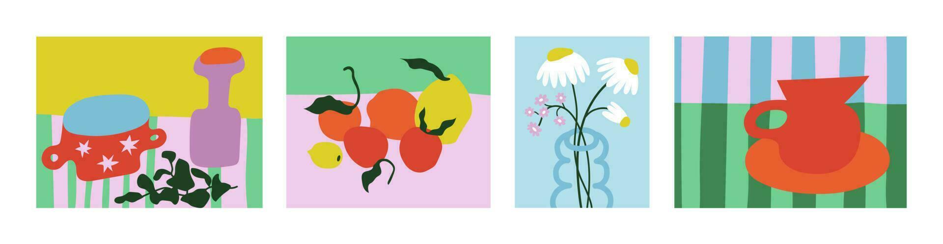 mazzi di fiori di fiori, ancora vite con frutta e fiori nel vasi. disegno stile. colorato illustrazioni di fiori, frutta e ancora vite. moderno interno la pittura. mano disegnato vettore illustrazione.