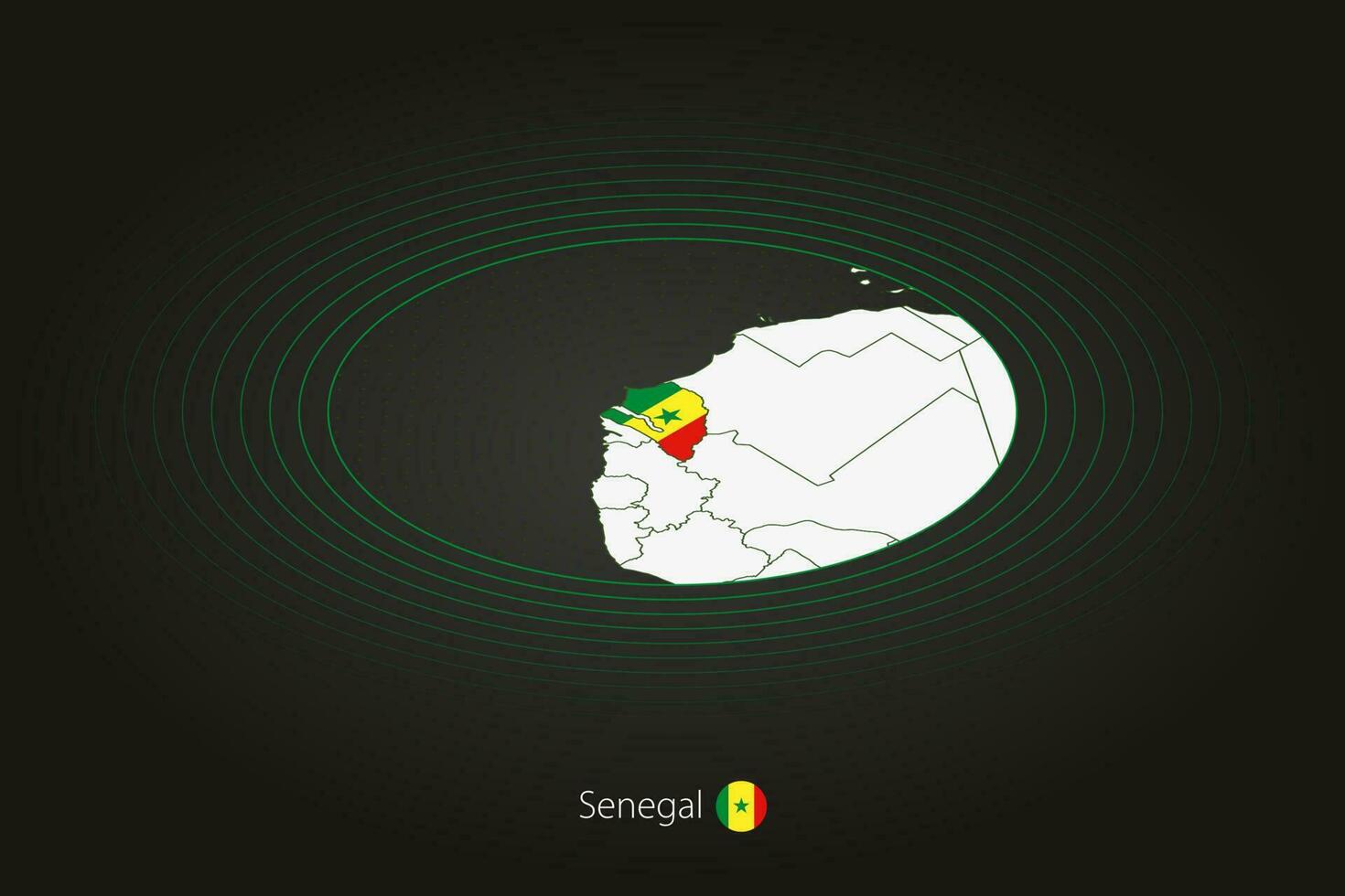 Senegal carta geografica nel buio colore, ovale carta geografica con vicino Paesi. vettore