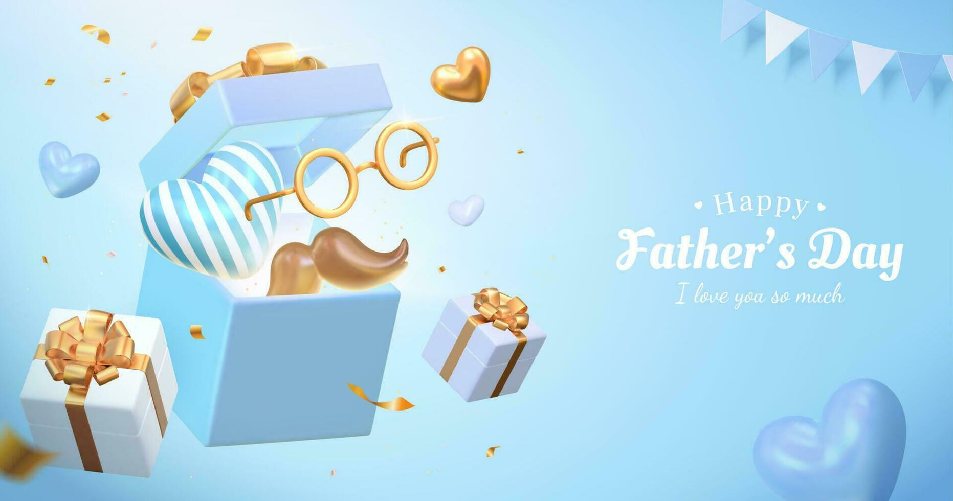 3d Il padre di giorno i saldi manifesto design. illustrato con il ha aperto regalo scatola lungo con alcuni festivo decorazioni. concetto di invio amore e sorpresa per papà. vettore