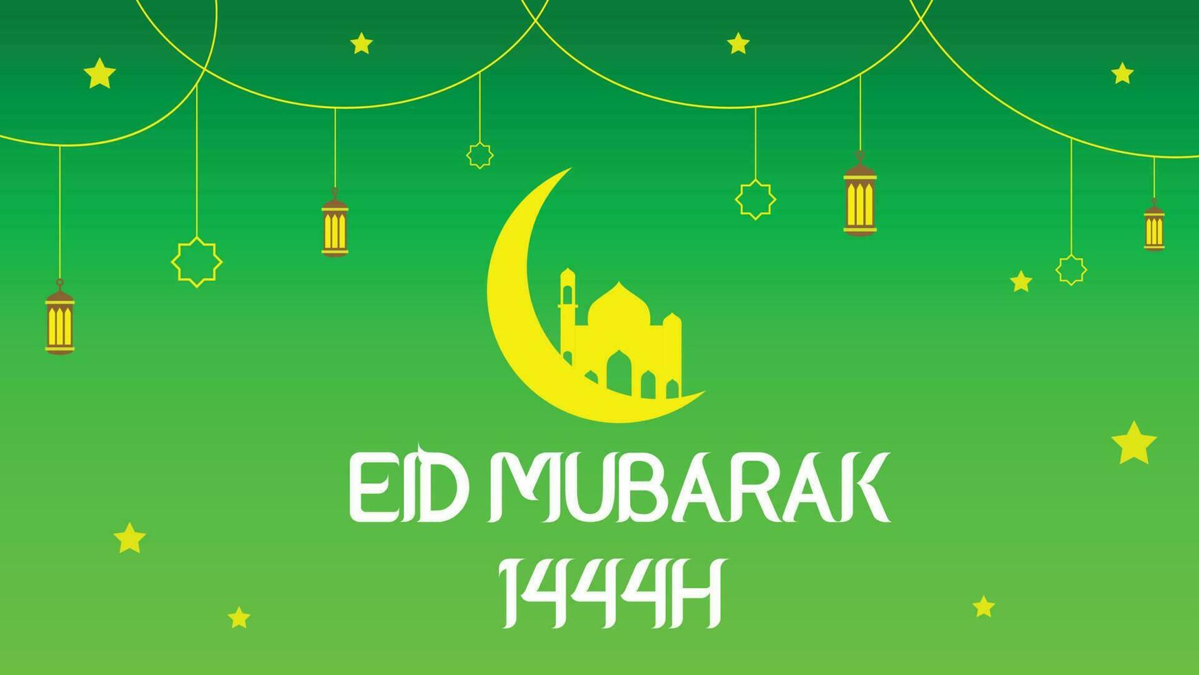 eid di Mubarak saluto 14:44, Luna e moschea, verde bakcground vettore