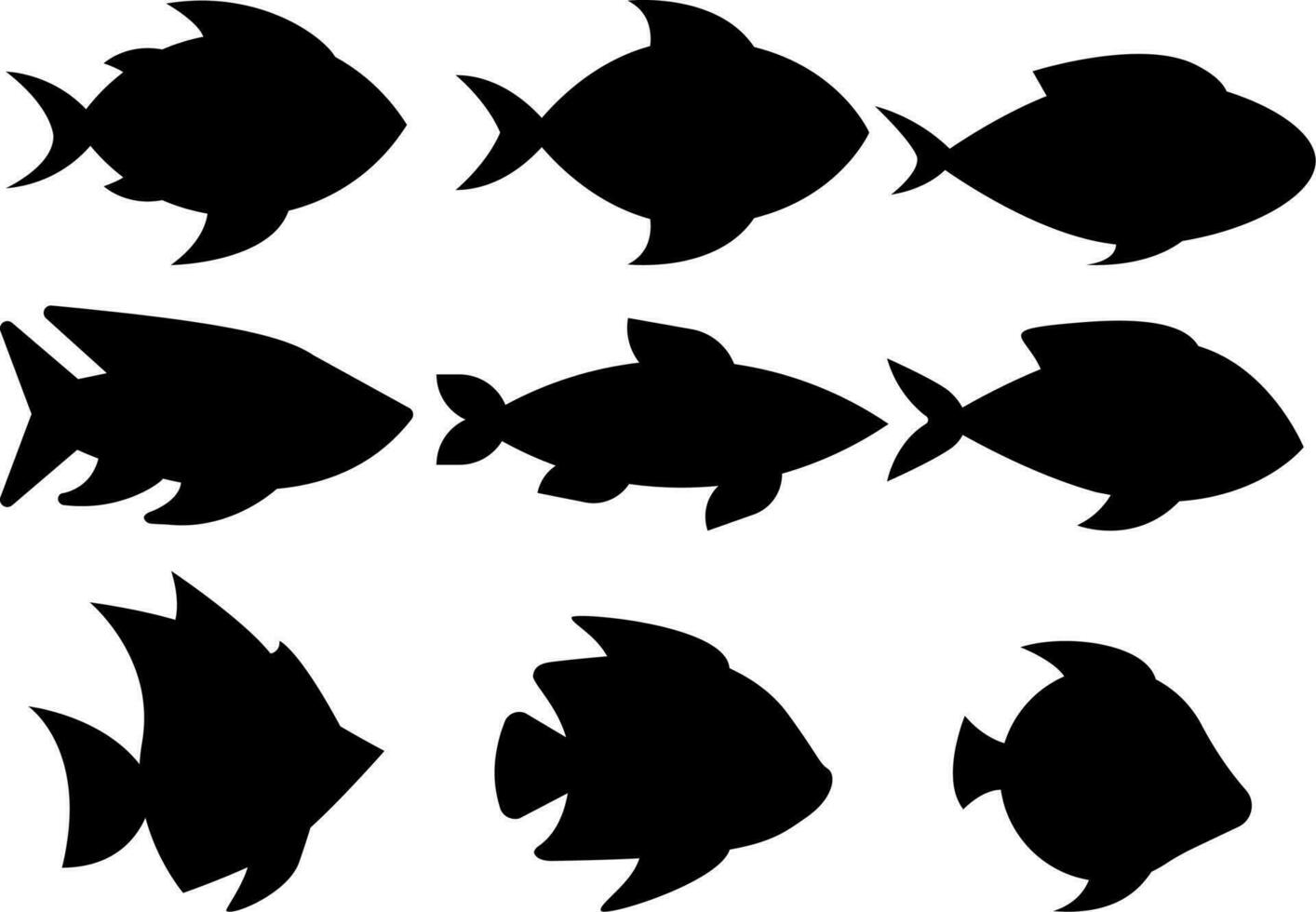 pesce icona impostare. silhouette Pesci icona vettore illustrazione. pesce per design per quanto riguarda mare, oceano, acquatico, pesca, sott'acqua, marino o natura. tropicale pesce icona foglio