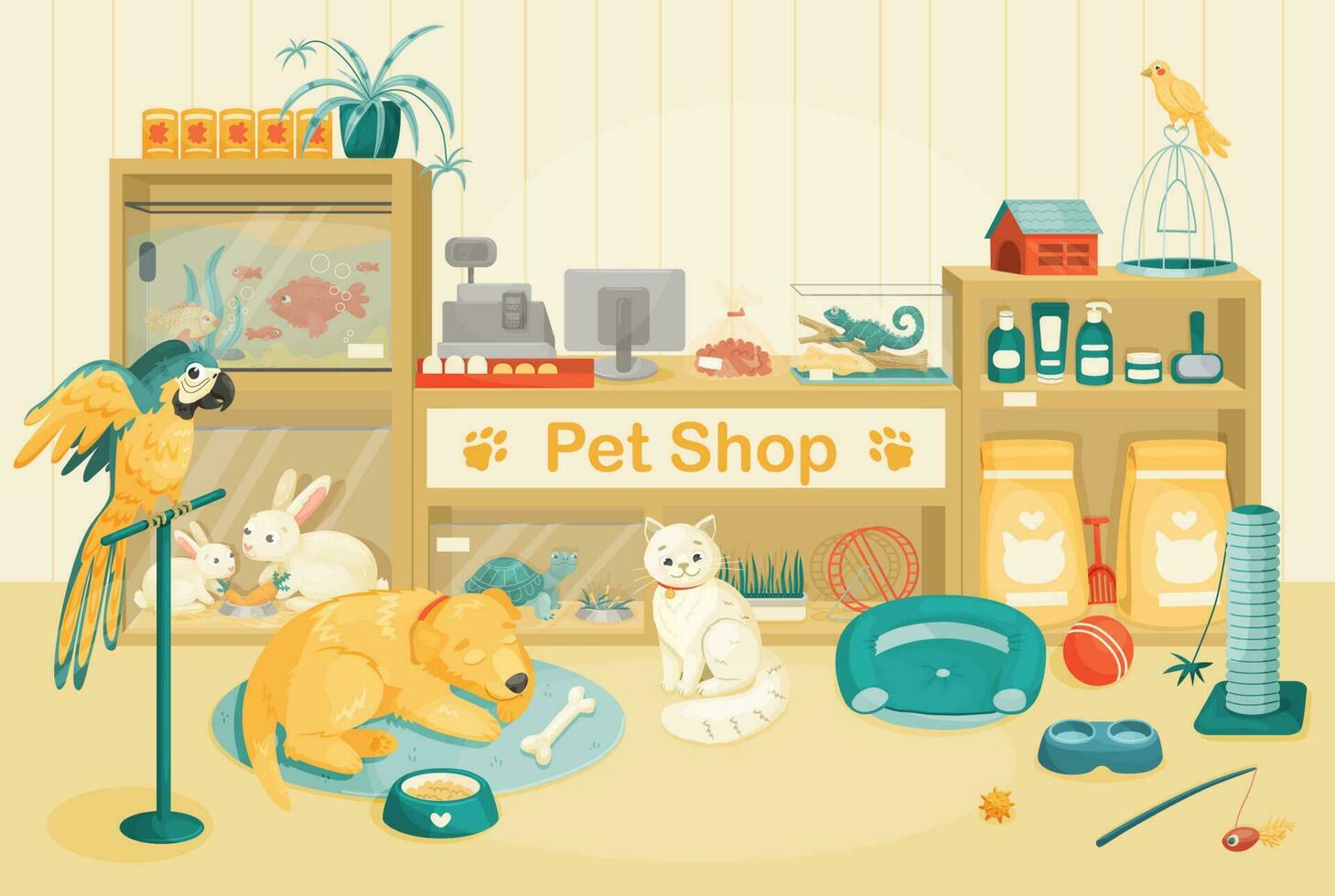 animale domestico negozio interno. vettore cartone animato illustrazione.