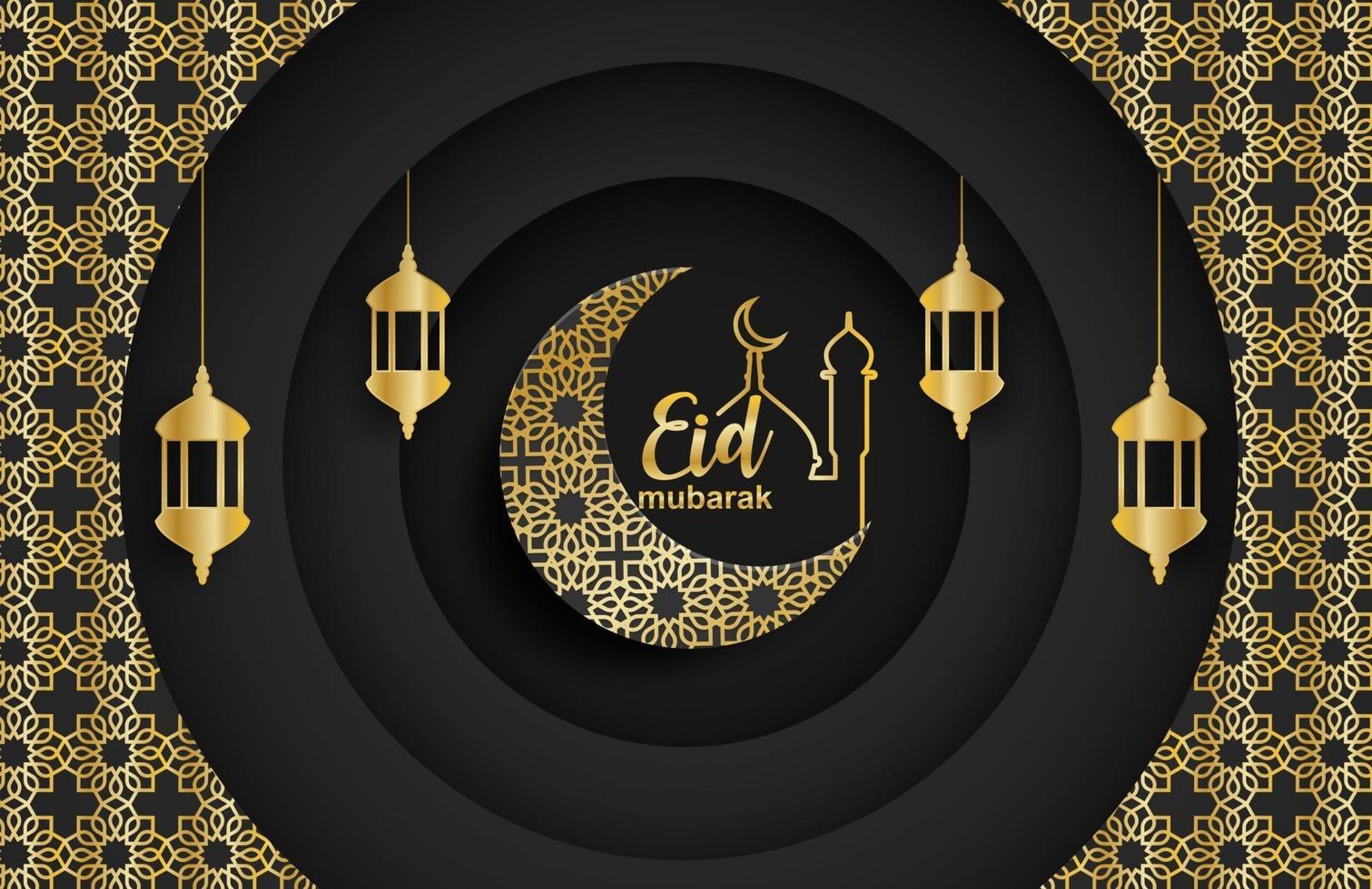 eid mubarak, sfondo ramadan mubarak. design con luna, lanterna d'oro su sfondo nero. vettore. vettore
