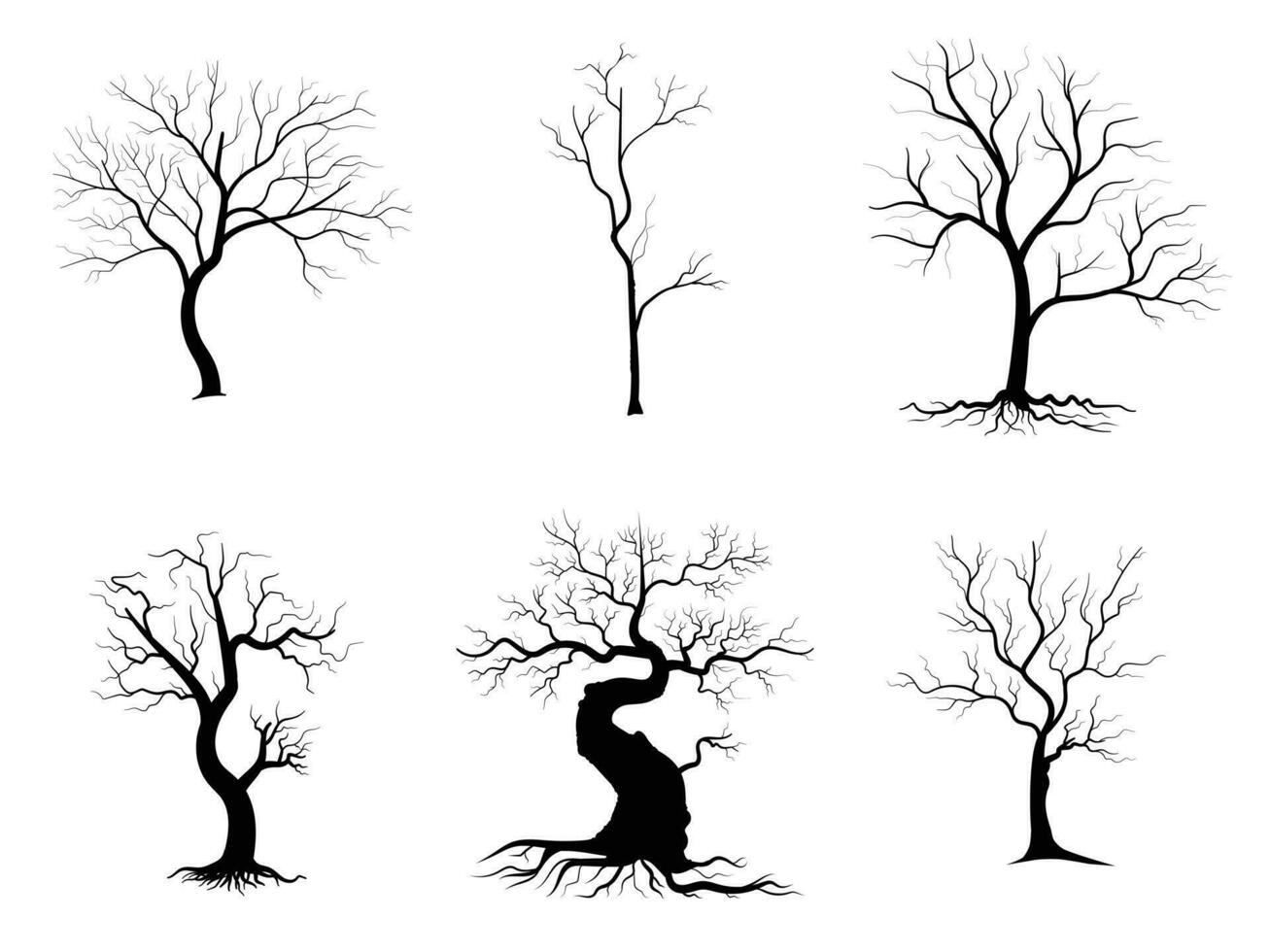 set di sagome di albero di ramo nero o alberi nudi. illustrazioni isolate disegnate a mano. vettore