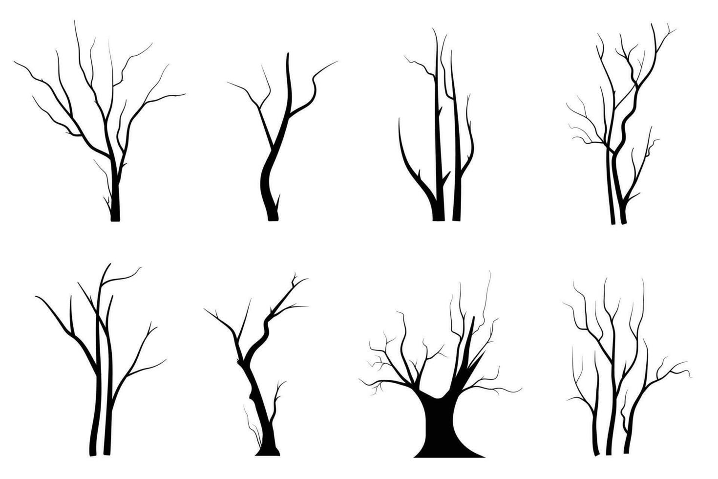 set di sagome di albero di ramo nero o alberi nudi. illustrazioni isolate disegnate a mano. vettore