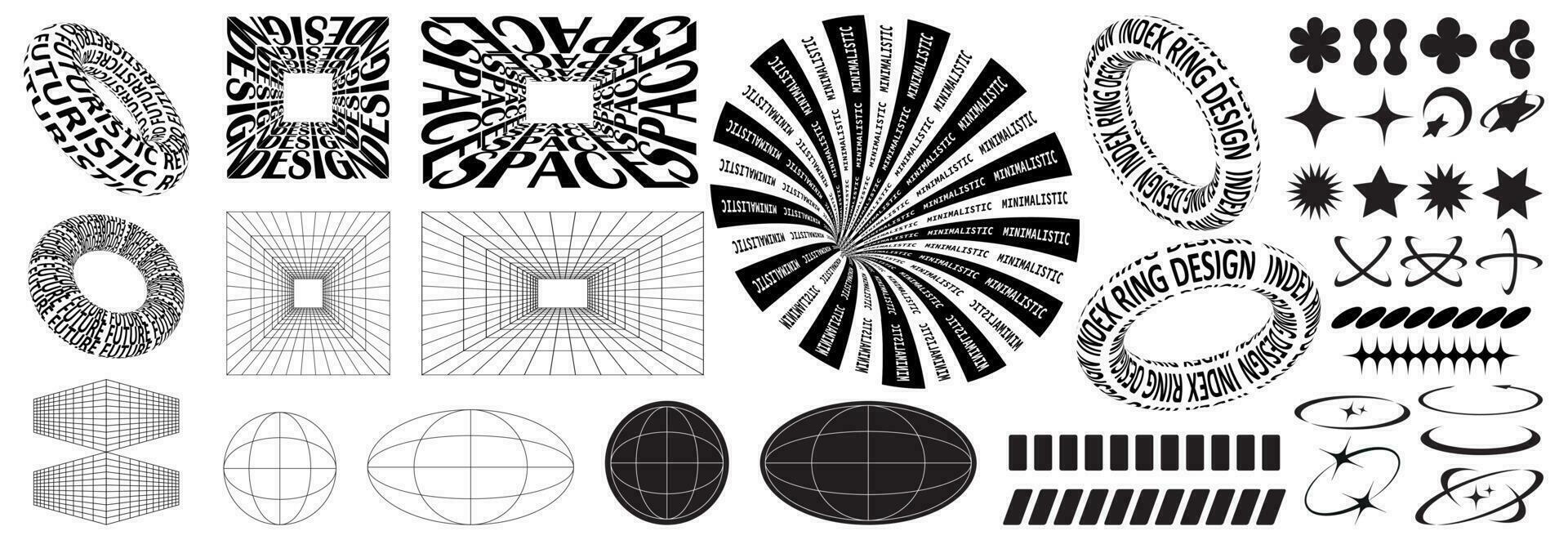 retro-futuristico y2k grafico icone. griglia, testo, quadrato, stella, raggio, ciambella con iscrizione, terra, pianeta, geometrico forme, insolito forme di il Anni '80,'90, 00-.x un' impostato di y2k elementi per grafico design vettore