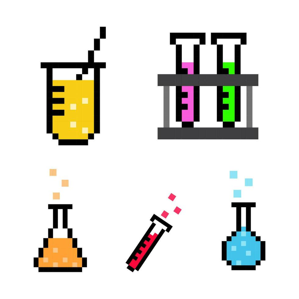 pixelated colorato impostato chimico navi, chimico laboratorio merce pixel arte vettore