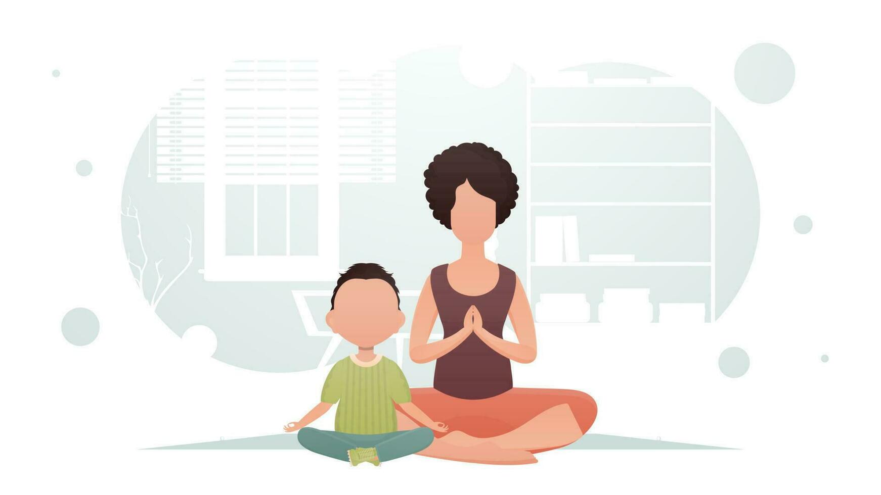 mamma e figlio siamo seduta meditando. meditazione. cartone animato stile. vettore