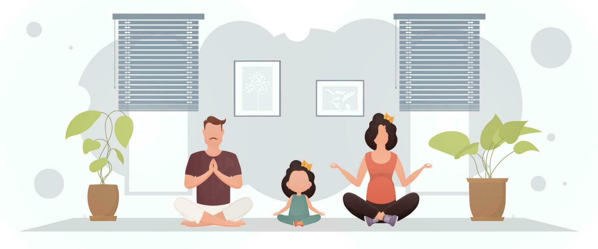 marito con il suo moglie e figlia siamo fare yoga nel il loto posizione nel il camera. yoga. cartone animato stile. vettore
