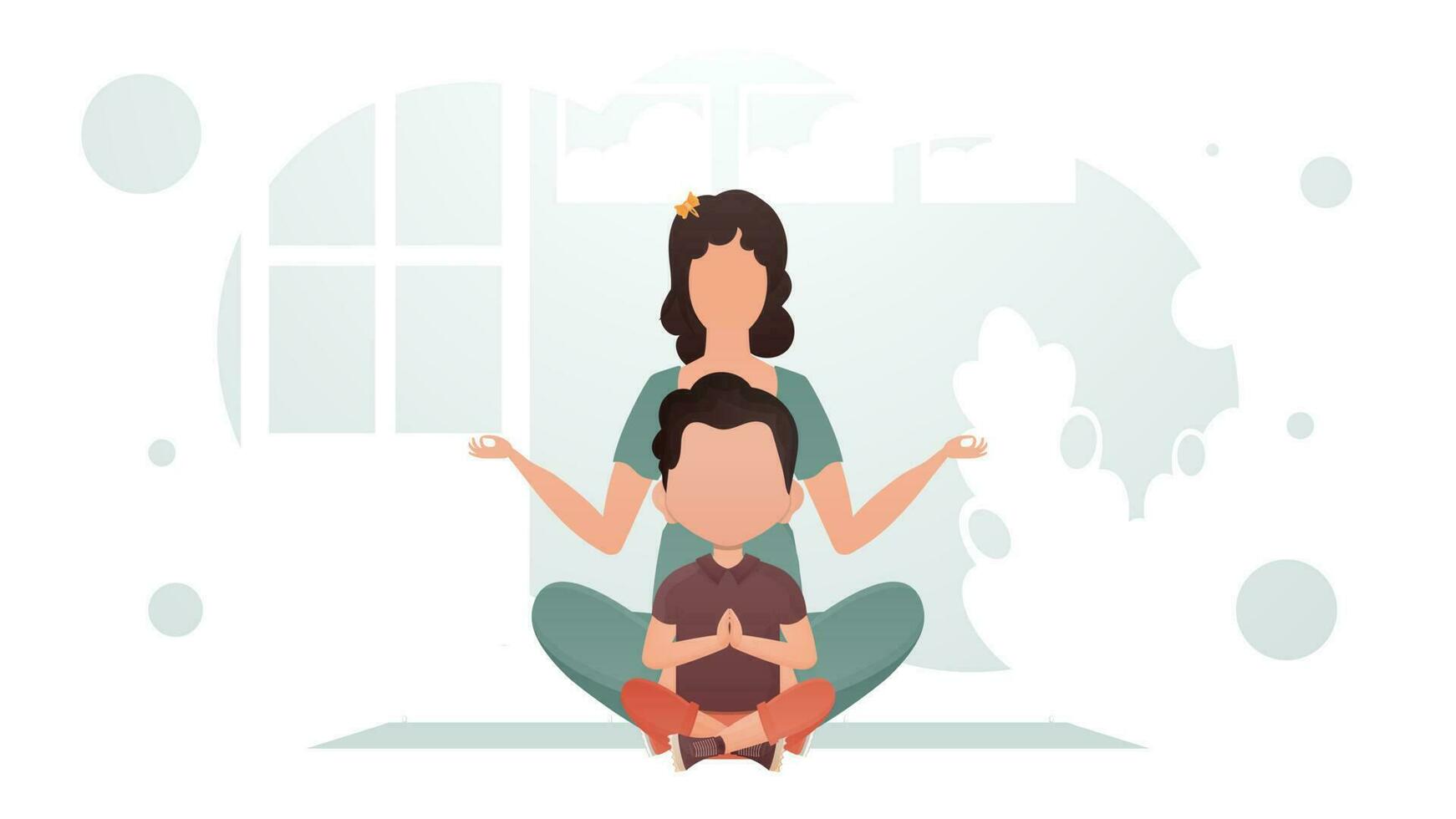 mamma e figlio siamo seduta fare yoga nel il loto posizione. meditazione. cartone animato stile. vettore