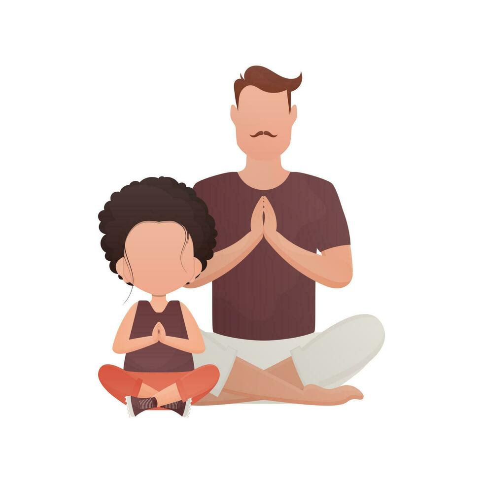 papà e figlia siamo seduta fare meditazione. isolato. cartone animato stile. vettore