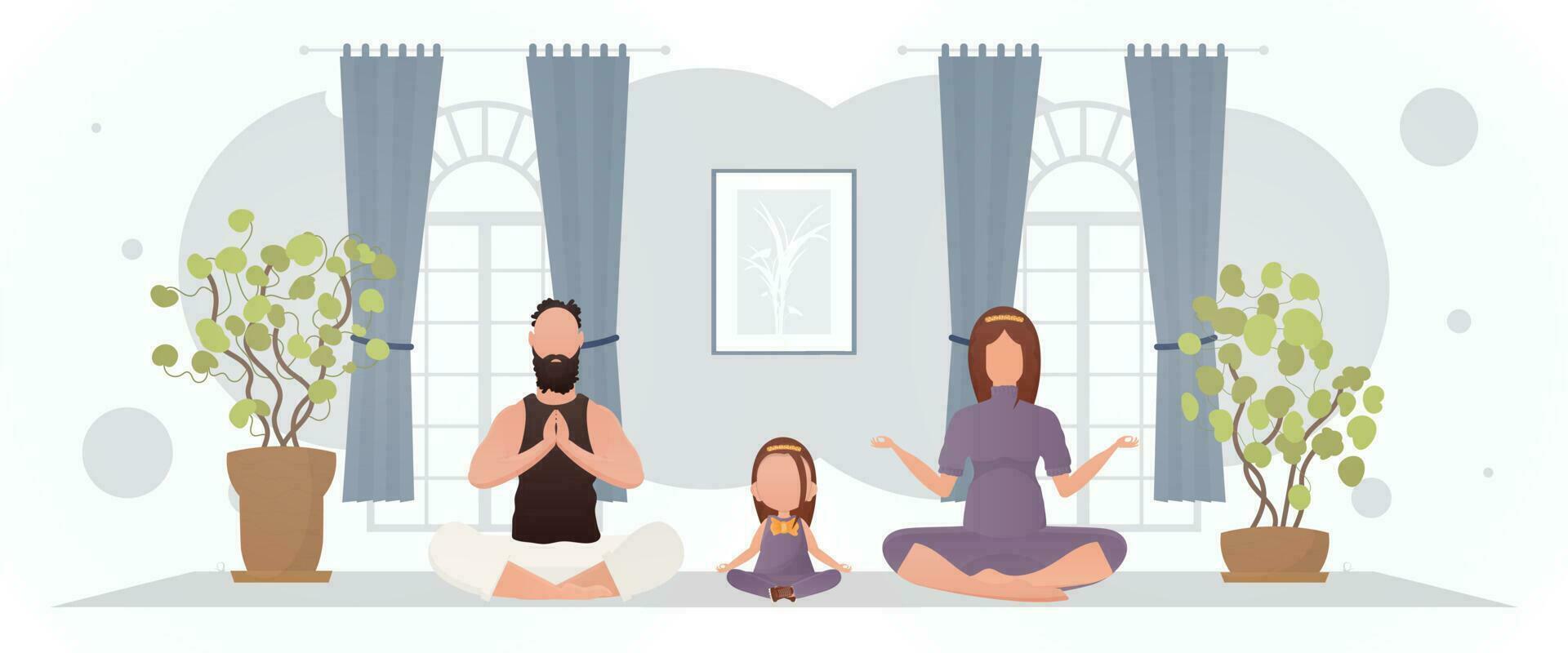 un' uomo con un' donna e un' poco ragazza siamo fare yoga nel il loto posizione nel il camera. meditazione. cartone animato stile. vettore