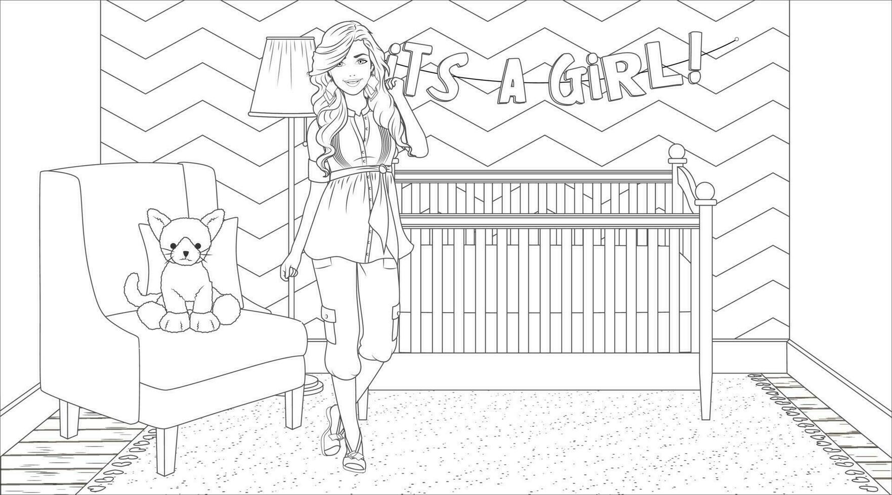gravidanza colorazione pagina con femmina personaggio su un' asilo camera sfondo. vettore illustrazione