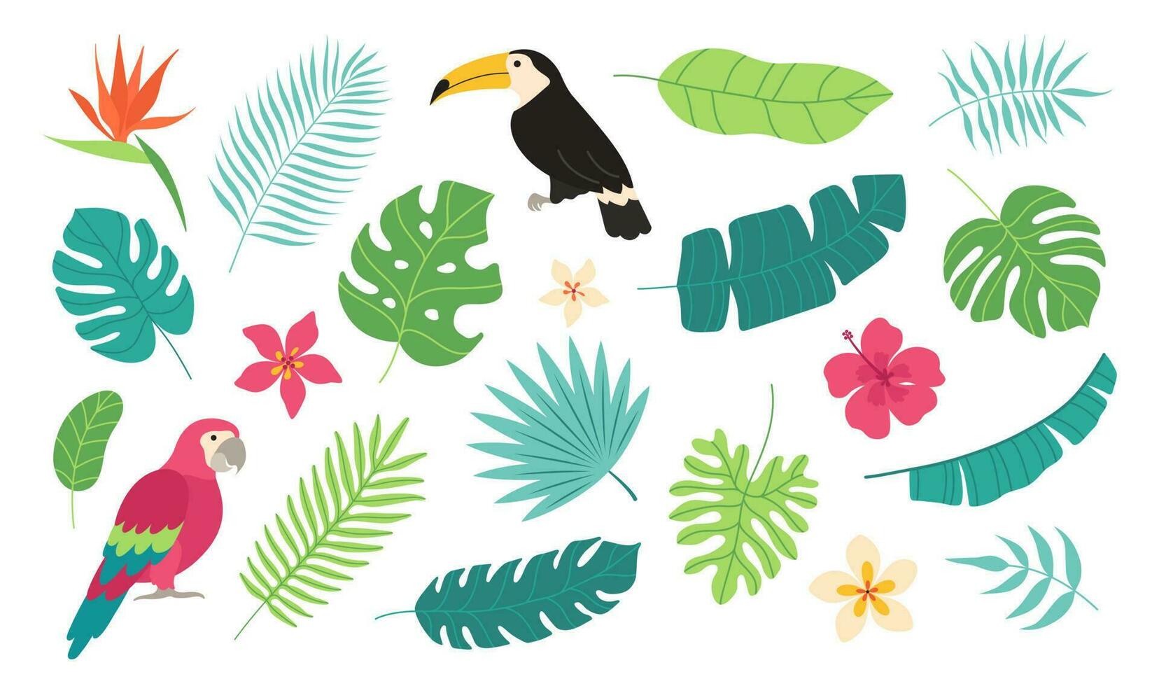 impostato di tropicale elementi. tucano, ara, palma foglie, Banana foglia, plumeria, ibisco, uccello di Paradiso . vettore piatto cartone animato illustrazione.