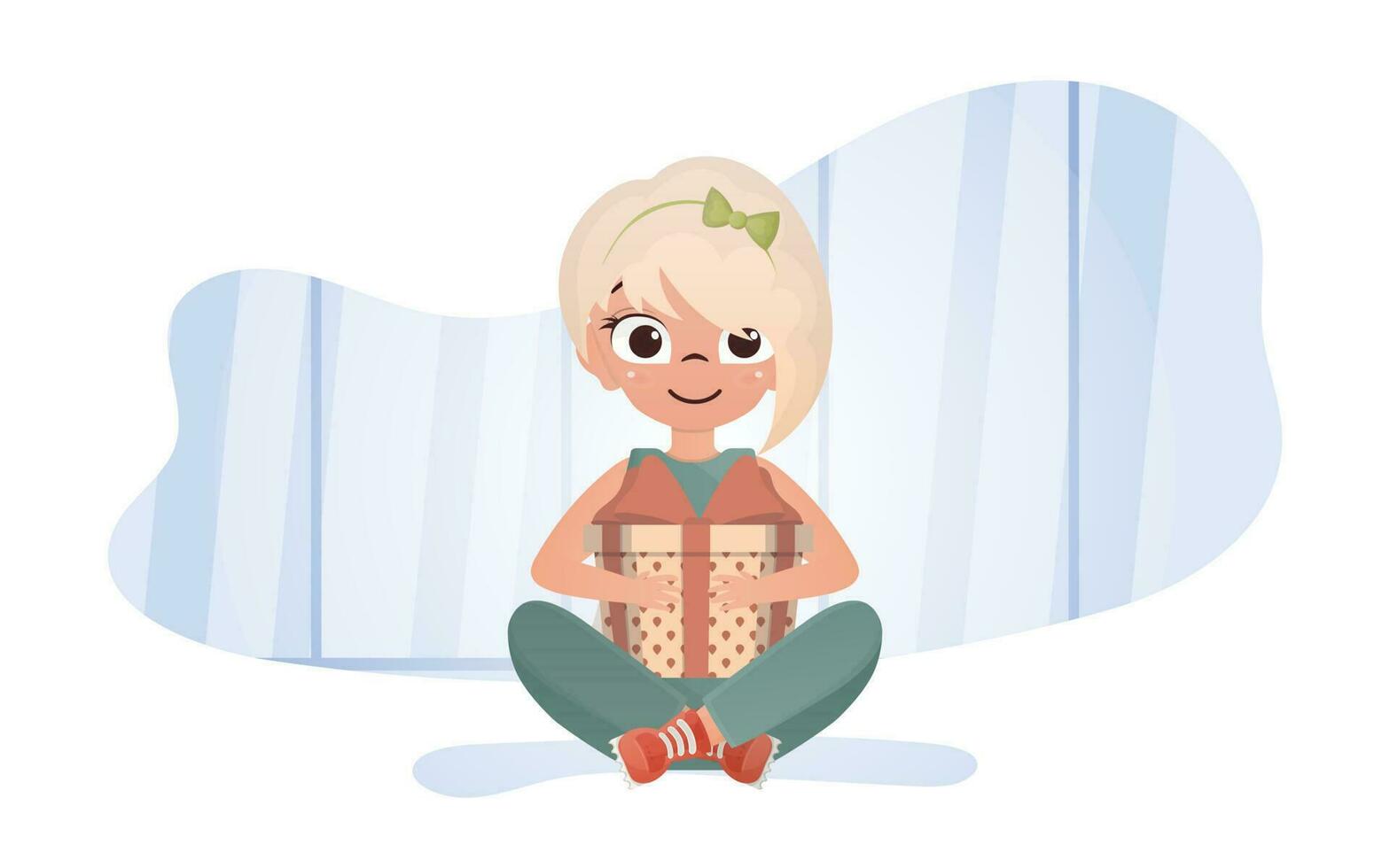 un' contento poco ragazza si siede nel un' loto posizione con un' regalo nel sua mani. vettore illustrazione.