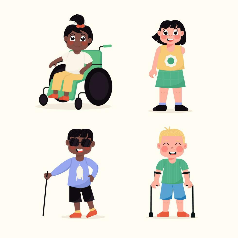 contento internazionale inclusivo, Disabilitato bambini nel un' piatto stile vettore