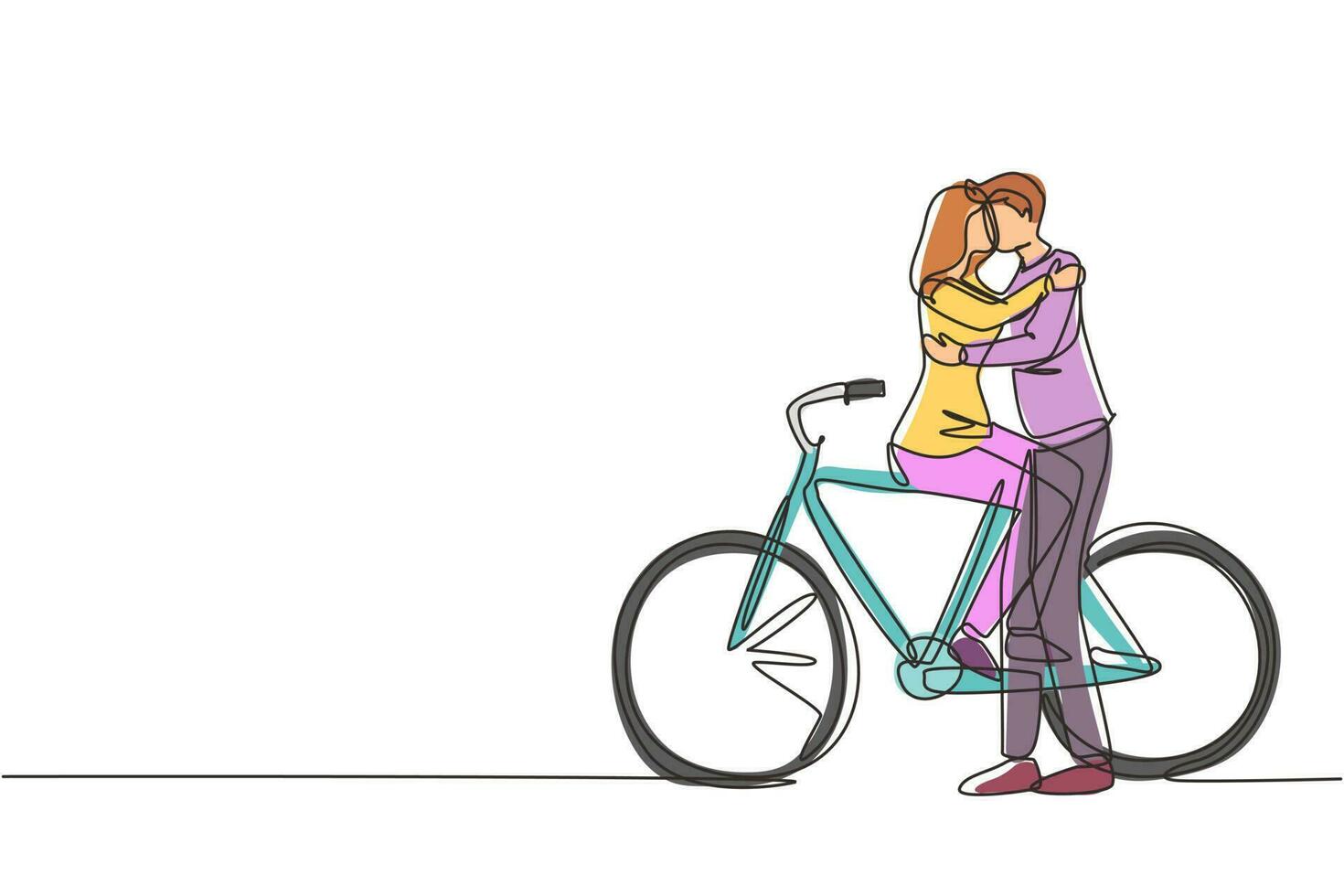 disegno continuo di una linea giovane coppia di innamorati seduti in bicicletta e baciare all'aperto. relazioni umane romantiche, storia d'amore, famiglia di sposini in viaggio di nozze avventura. disegno a linea singola vettore