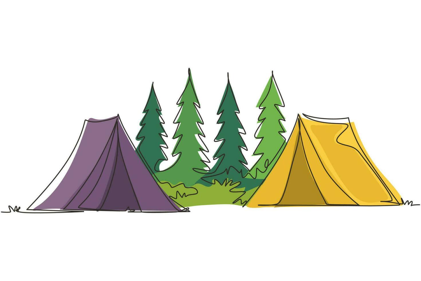 una linea continua disegnando due tende da campeggio spedizione turistica in montagna nella foresta di pini. concetto di viaggio, avventura, natura, spedizione e vacanza. illustrazione grafica vettoriale di disegno a linea singola