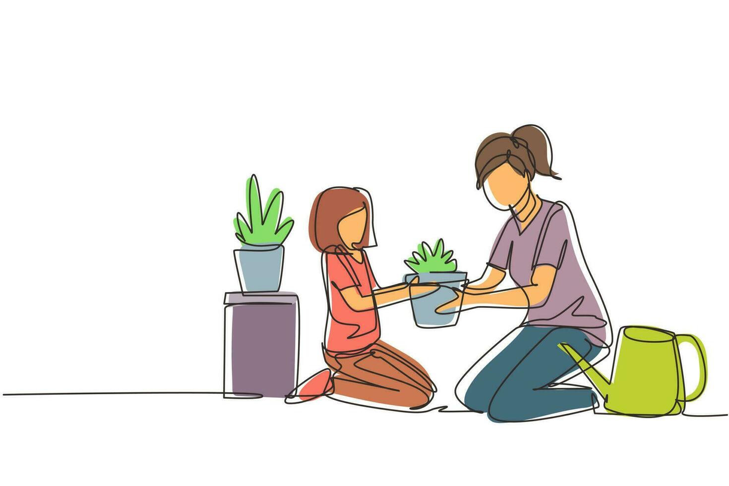 disegno a linea continua singola mamma felice e sua figlia che fanno giardinaggio. avere hobby con il bambino. mamma e bambina piantano fiori. idea di maternità e infanzia felici. vettore di disegno grafico a una linea