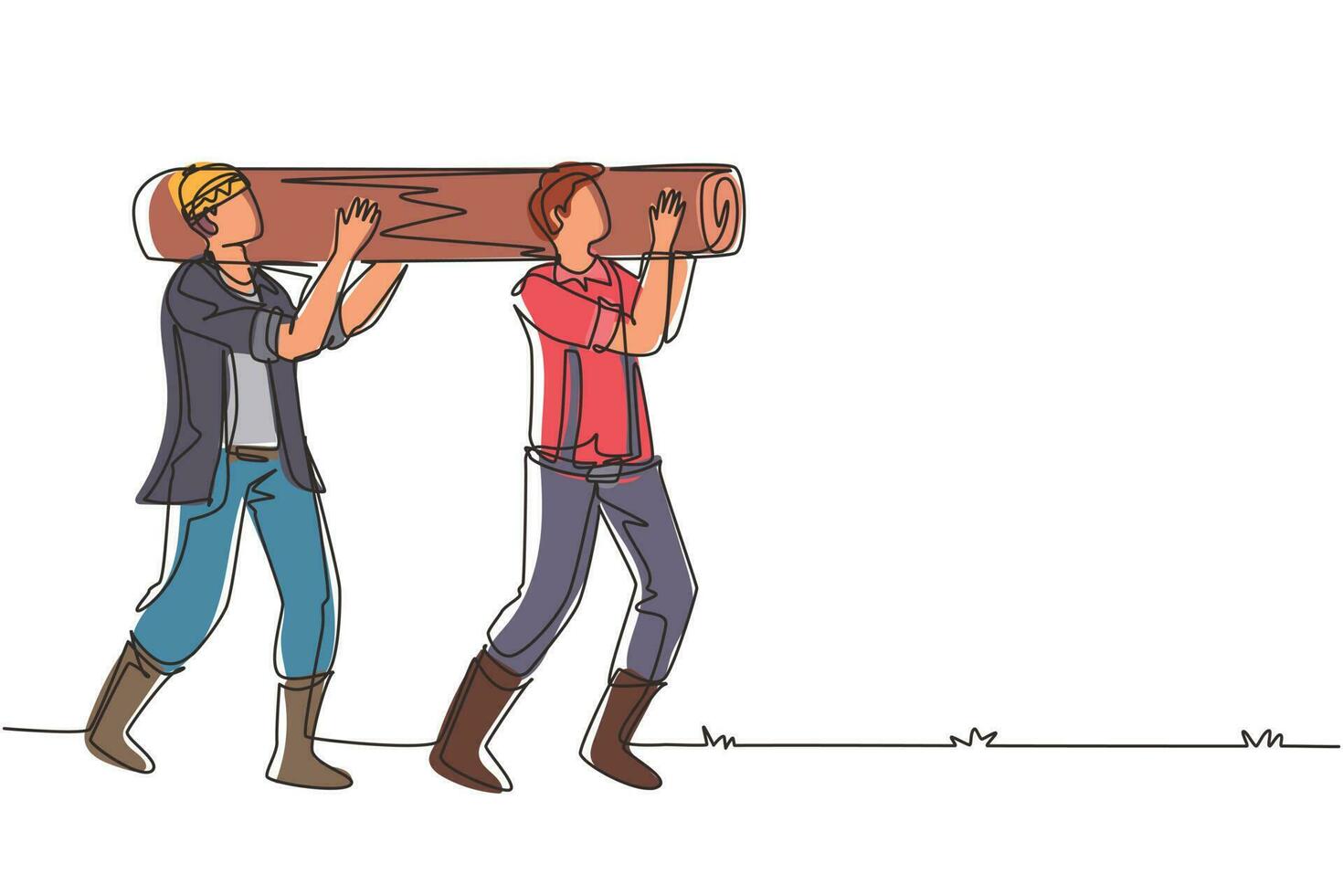 disegno a linea continua singola coppia di boscaioli lavoratori che trasportano pesanti tronchi di legno sulle spalle nella foresta. taglialegna che lavorano nell'industria del legname. illustrazione vettoriale di un disegno di linea