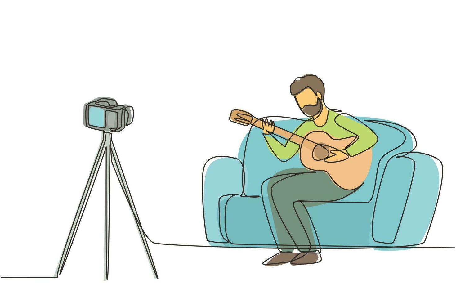 un solo disegno di una linea uomo arabo che registra video del suo suonare la chitarra dalla fotocamera sul treppiede. influencer di vlogger maschio che esegue musica per lo spettacolo in streaming digitale. vettore di disegno a linea continua