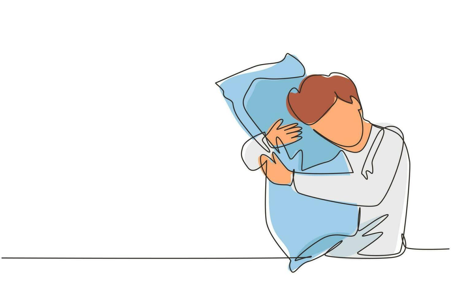 disegno a linea continua singolo maschio che dorme mentre abbraccia il cuscino. attività delle persone. dolce sogno o concetto di sonno. l'uomo ha preso un sonnifero per l'insonnia. illustrazione vettoriale di un disegno di linea