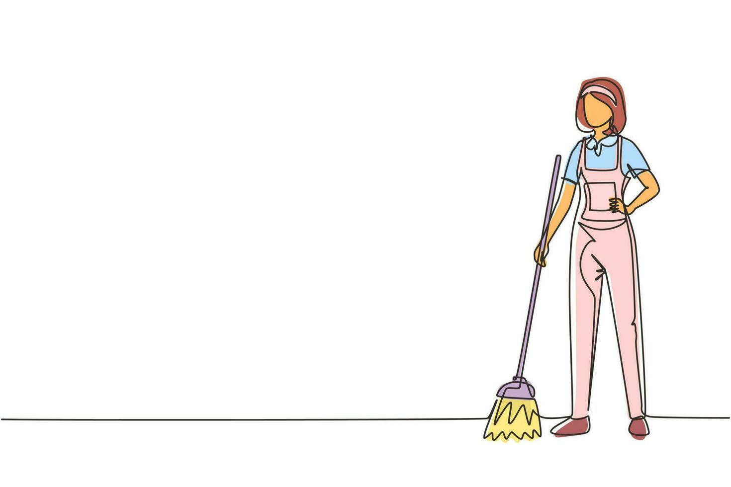 singola linea continua disegno sorridente giovane donna bidello in piedi in uniforme, spazzando il pavimento con scopa, pulizia professionale, servizio di casa e ufficio. illustrazione vettoriale di un disegno di linea
