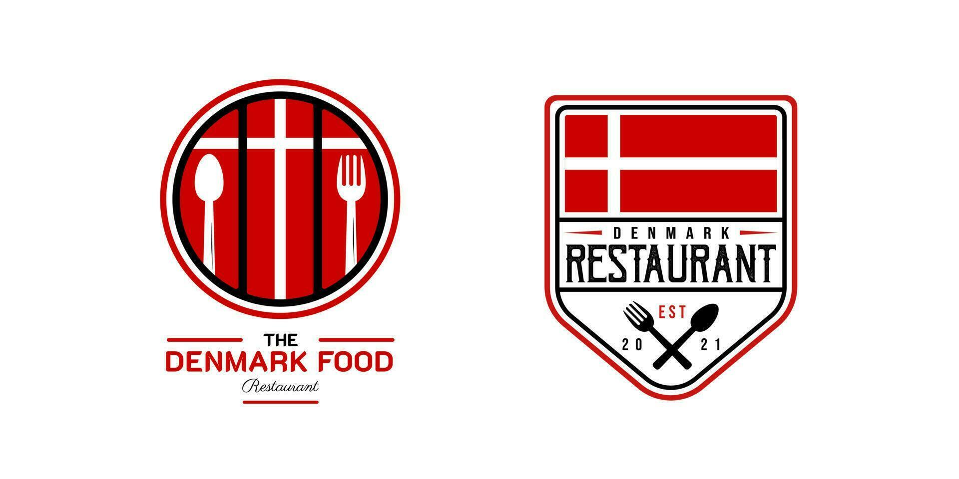 Danimarca cibo ristorante logo. Danimarca bandiera simbolo con cucchiaio, e forchetta icone. premio e lusso logo vettore