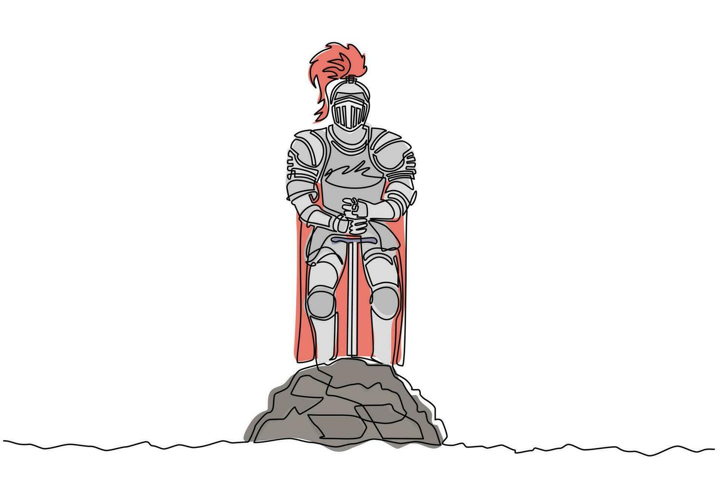 cavaliere medievale in armatura, mantello, elmo con piuma. guerriero del medioevo in piedi e ritirato excalibur della pietra. vettore grafico moderno di disegno di linea continua