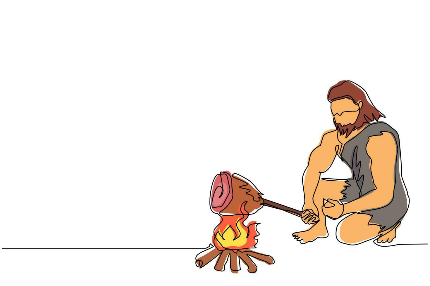 disegno continuo di una linea uomo preistorico seduto e cucinare carne sul falò. uomo delle caverne inginocchiato e cucinare cibo a base di carne sul fuoco. umano antico. illustrazione grafica vettoriale di disegno a linea singola
