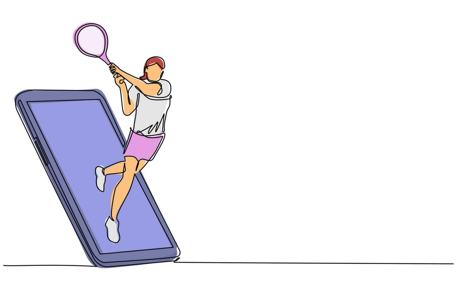 il tennista femminile di disegno a linea continua singola ha colpito la palla dell'avversario uscendo dallo schermo dello smartphone. partite di sport mobili. app mobile per giochi di tennis online. vettore di disegno grafico a una linea