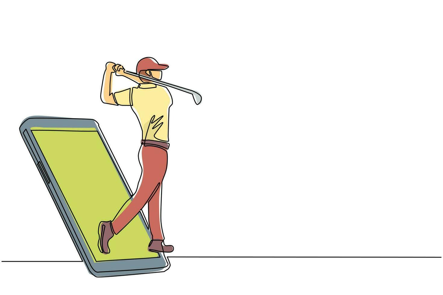 singolo una linea di disegno uomo giocatore di golf swing golf club uscire dallo schermo dello smartphone. partite di sport mobili. gioco di golf online con app mobile dal vivo. vettore grafico di disegno di linea continua