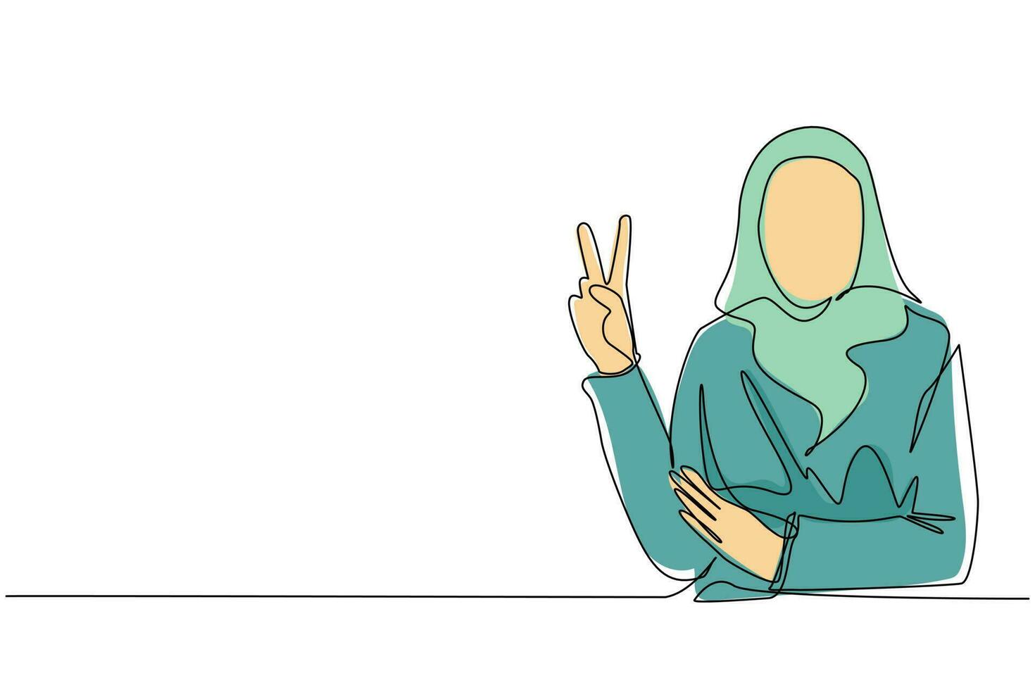 una linea continua di disegno la donna araba sta mostrando il segno della vittoria. successo di gesto di giovane imprenditrice. femmina che fa segno di vittoria. segno di successo, pace. illustrazione vettoriale di disegno a linea singola