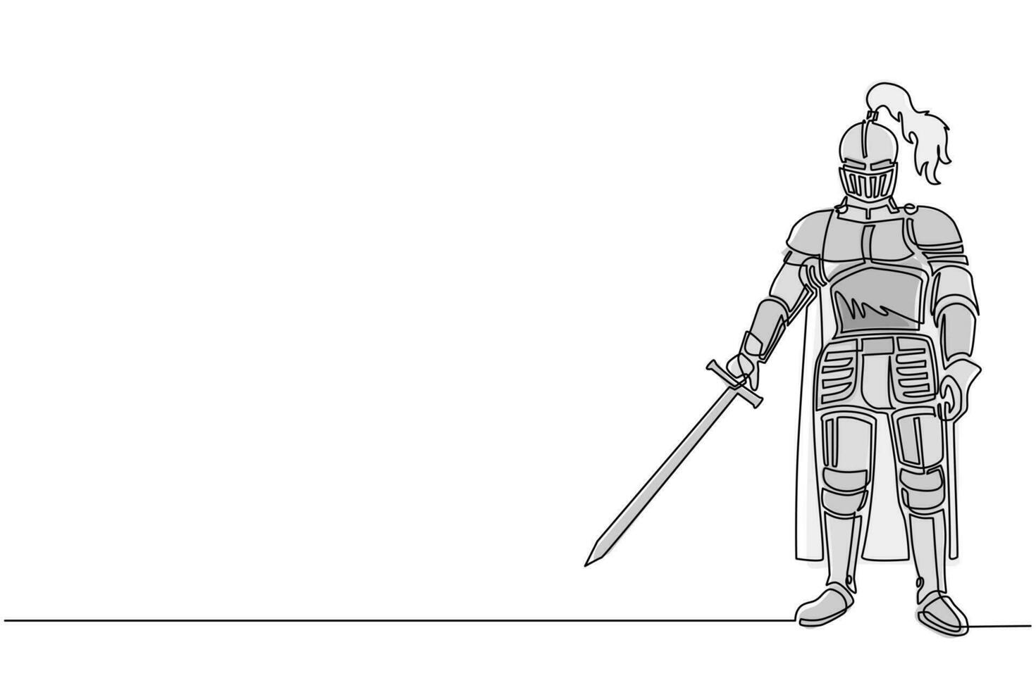 cavaliere medievale in armatura, mantello, elmo con piuma. guerriero del medioevo in piedi, con in mano la spada. simbolo araldico medievale. illustrazione vettoriale di disegno a linea continua