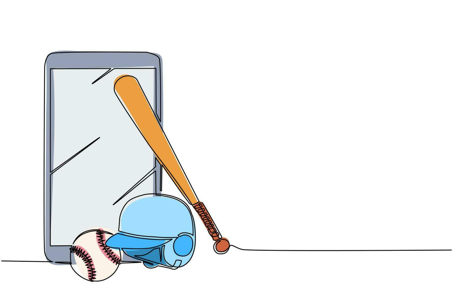 singolo smartphone e attrezzatura da baseball per il disegno di una linea: casco, mazze da baseball e palla da baseball. simbolo sportivo online e mascotte. illustrazione vettoriale grafica moderna con disegno a linea continua