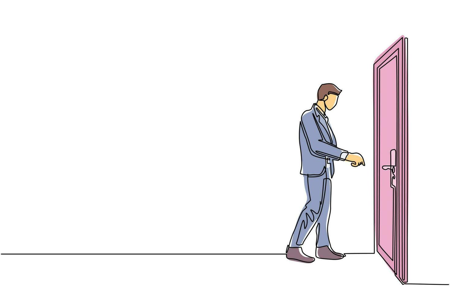 un uomo d'affari di disegno a linea continua inserisce la chiave nel buco della serratura che si trova sulla porta. l'uomo apre la porta della stanza dell'ufficio con la chiave. concetto di business di successo. grafica vettoriale di disegno a linea singola