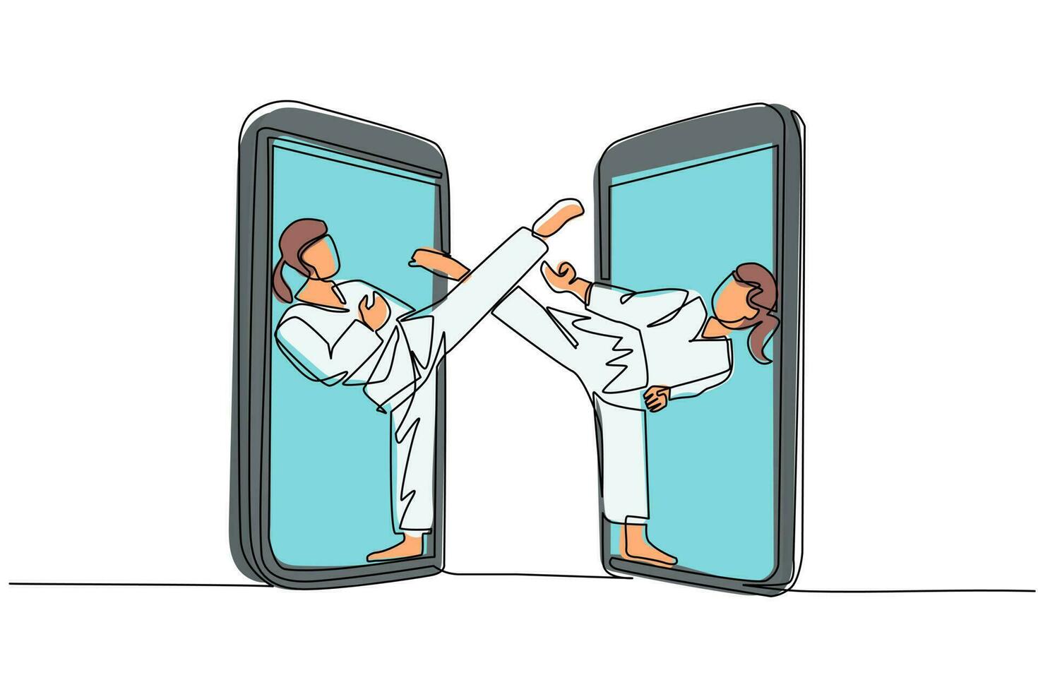 una sola linea che disegna due combattenti di karate donna esce dal telefono cellulare pronta a combattere. combattenti professionisti di karate in piedi praticando il karate insieme. vettore di disegno a linea continua