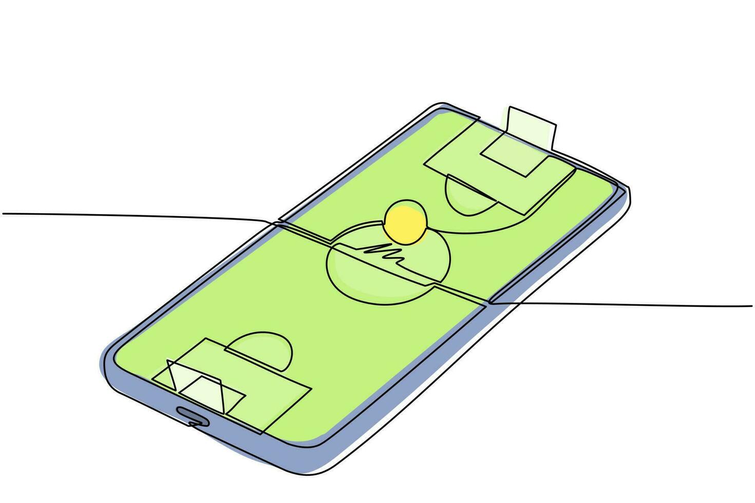 campo da calcio con disegno a linea continua singolo sullo schermo dello smartphone. calcio calcio mobile. partita di gioco sportivo mobile. gioco di calcio online con app mobile dal vivo. illustrazione vettoriale di un disegno di linea