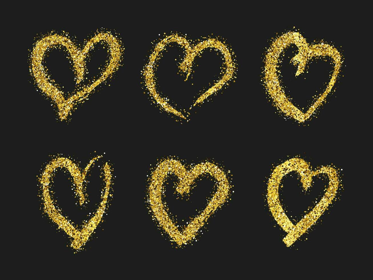 oro luccichio scarabocchio cuore su buio sfondo. impostato di sei oro grunge mano disegnato cuore. romantico amore simbolo. vettore illustrazione.