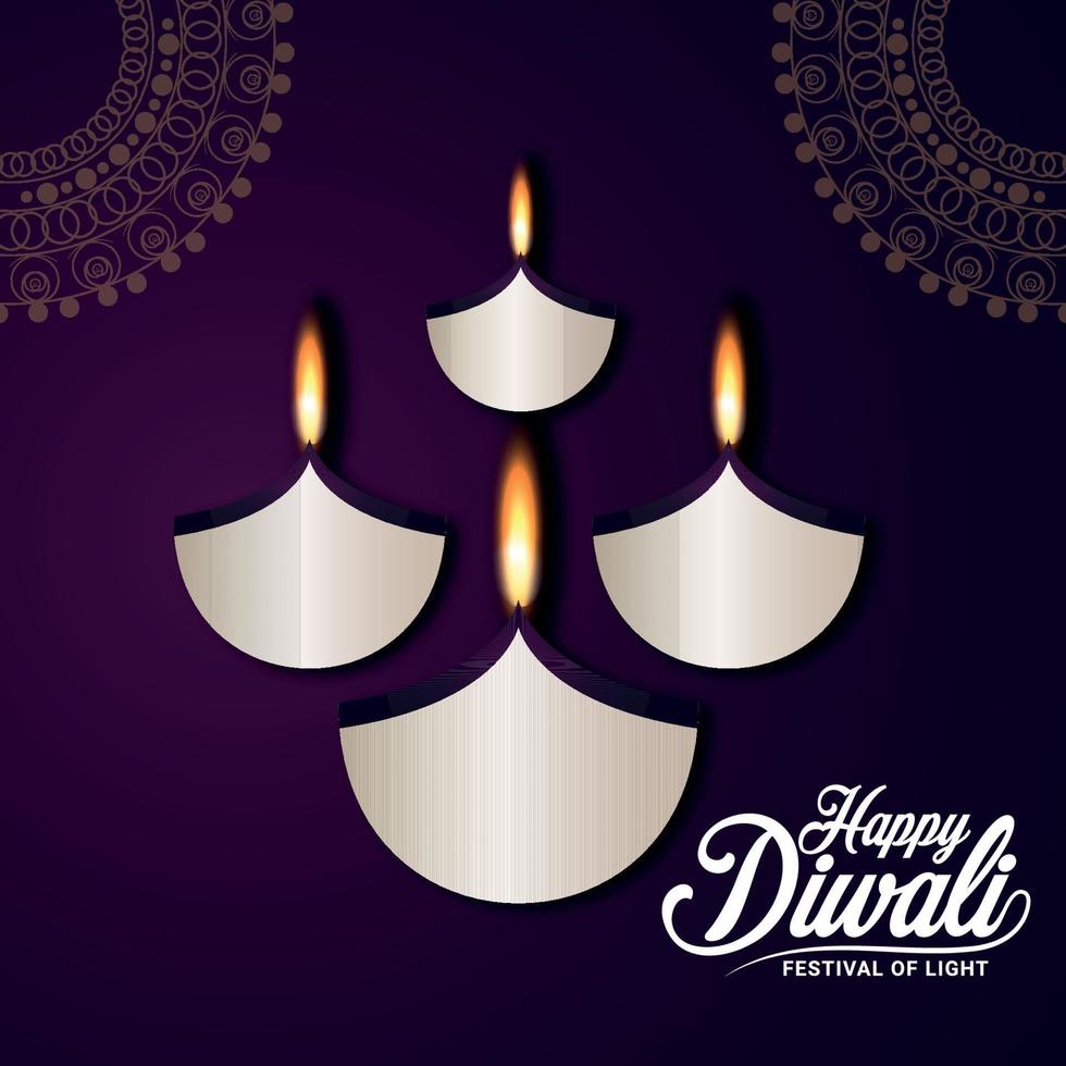 cartolina d'auguri felice di celebrazione di diwali con diya di carta di diwali su fondo viola vettore