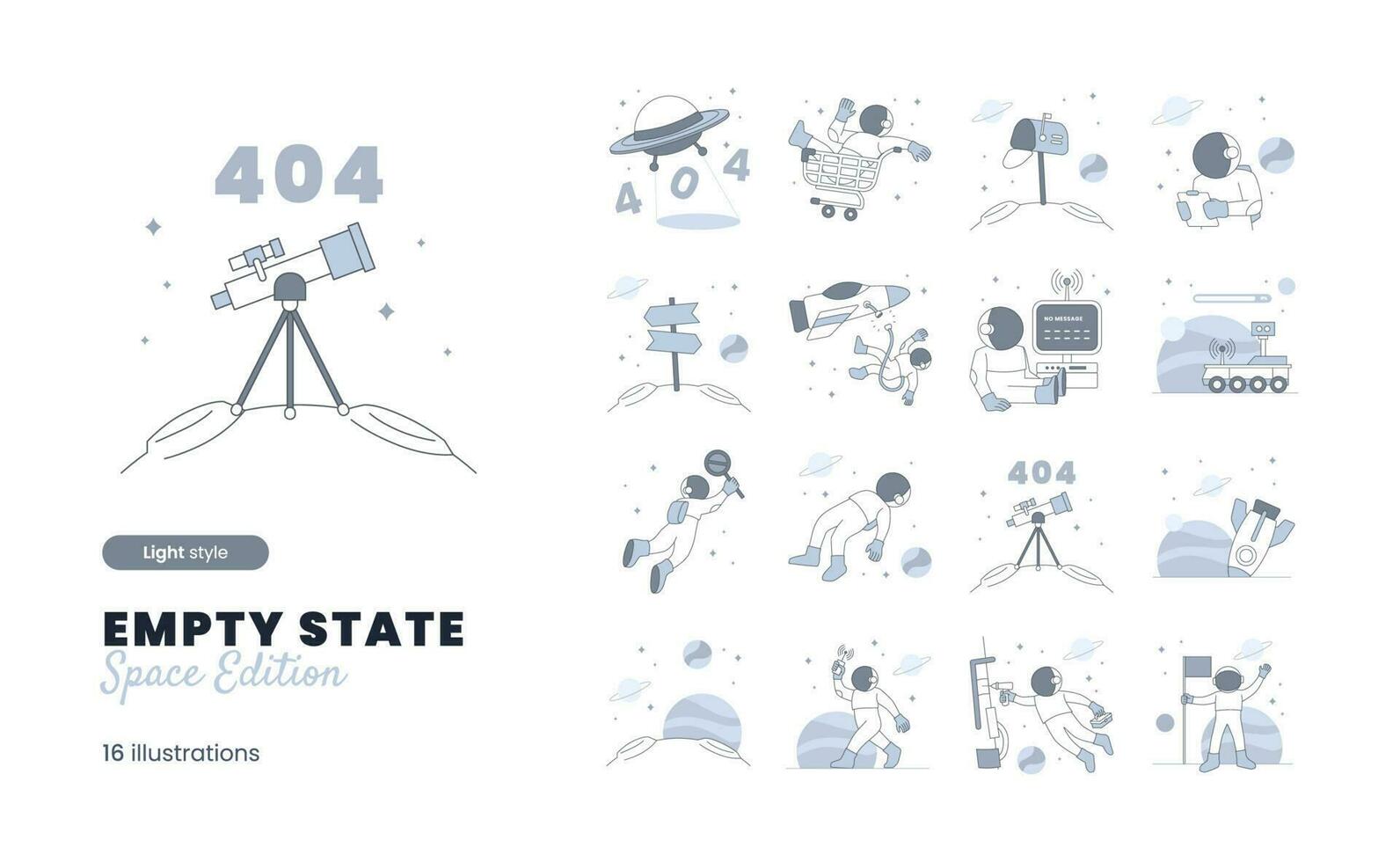vuoto stato illustrazione con spazio astronauta tema con vario vuoto stato, vuoto casella di posta, no Messaggio, 404, errore pagina vettore