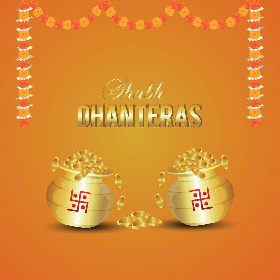Shubh dhanteras invito celebrazione biglietto di auguri con pentola moneta d'oro su sfondo arancione vettore