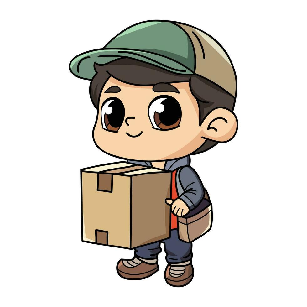 contento consegna uomo con pacchetto scatola personaggio illustrazione nel scarabocchio stile vettore