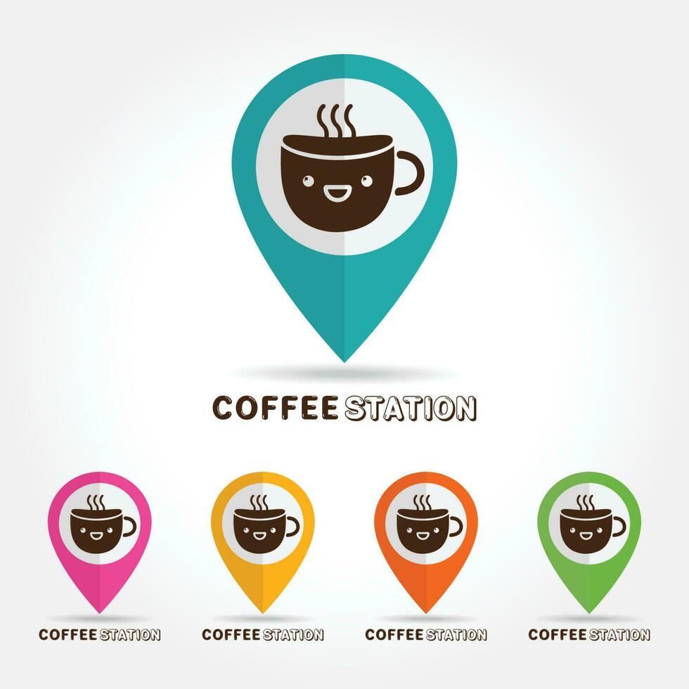 caffè carino tazza logo, caffè stazione concetto vettore