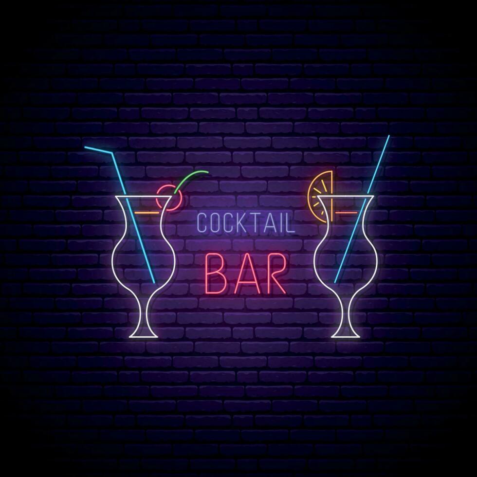 neon cocktail bar cartello. raggiante cocktail bicchieri con cannucce e testo. vettore